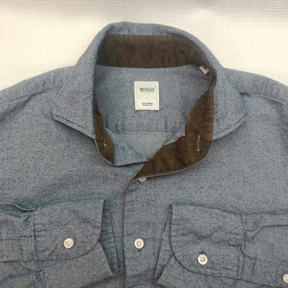 Boggi Milano Easy‎ Formal Custom Fit Blue Micro Check Button Down Shirt Size S